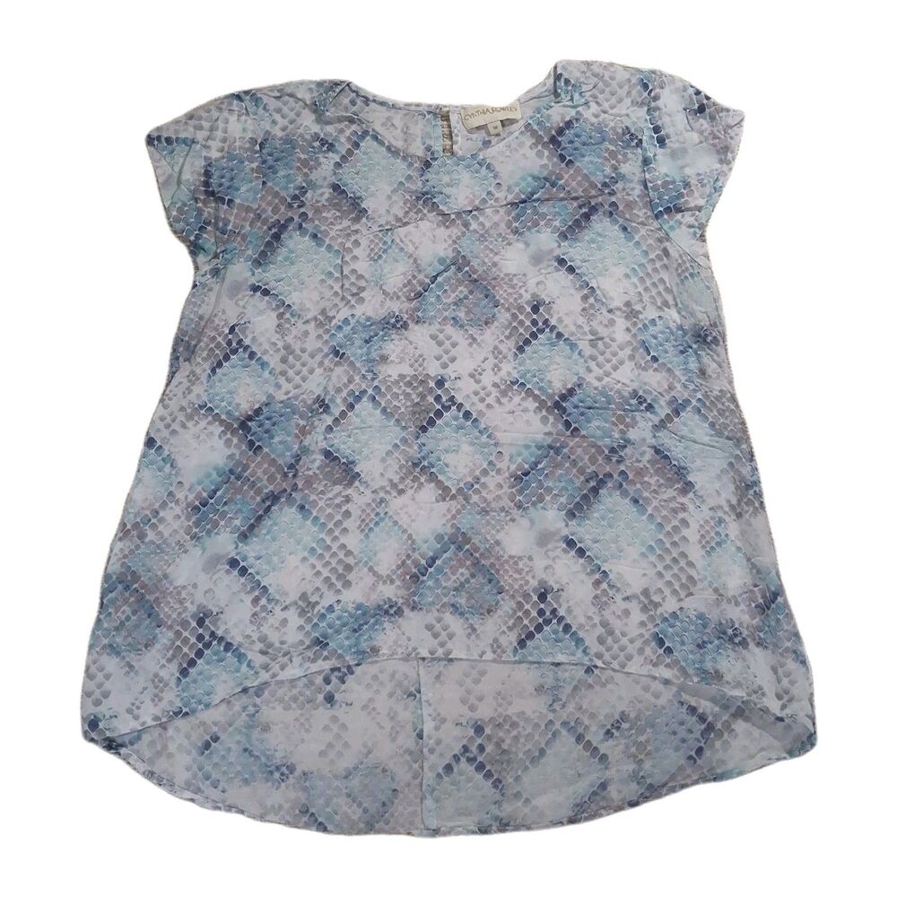 Cynthia Rowley Women's Medium Blue Snakeskin Print Short Sleeve Blouse Top